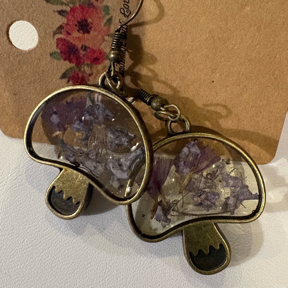 Dried Flowers Resin Handmade Mushroom Dangle Earrings - Picture 2 of 5